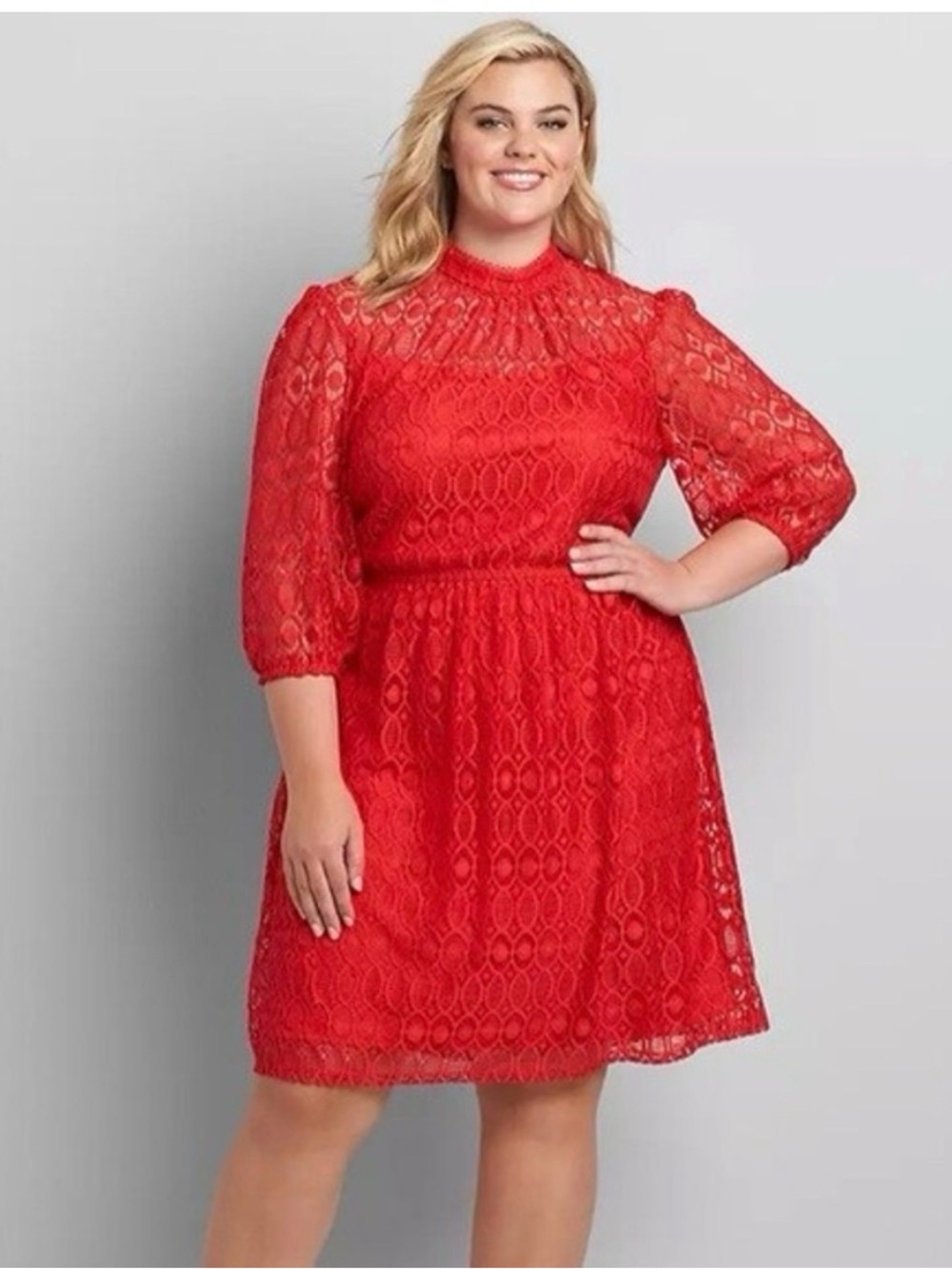 Lane Bryant Vibrant Red Lace Dress with Puff Sleeves